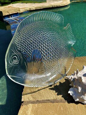 Vintage Arcoroc France Fish Platter 15.5 Inch Pressed Glass Serving Tray Coastal